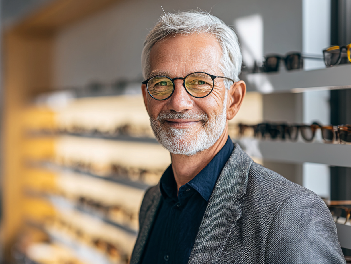 Experienced optician in his store
